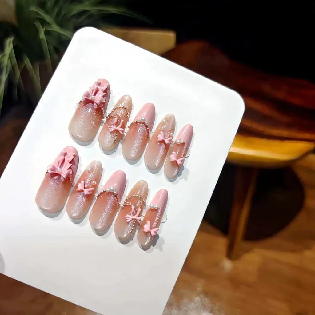 Tryk-på negle Pink Blonde Sløjfe Katteøje Lang Stilet
