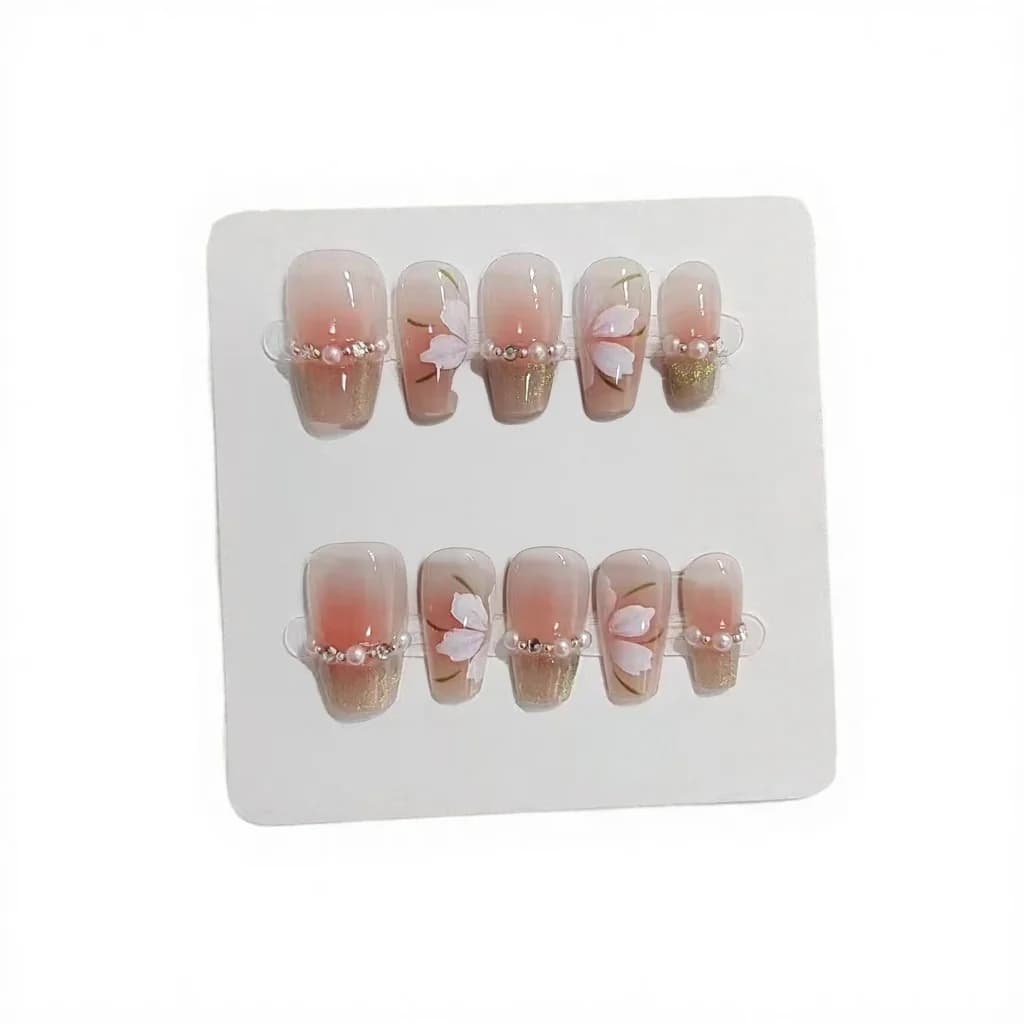 Grønne cat eye press-on negle, kort firkantet form, fransk tip med blomster