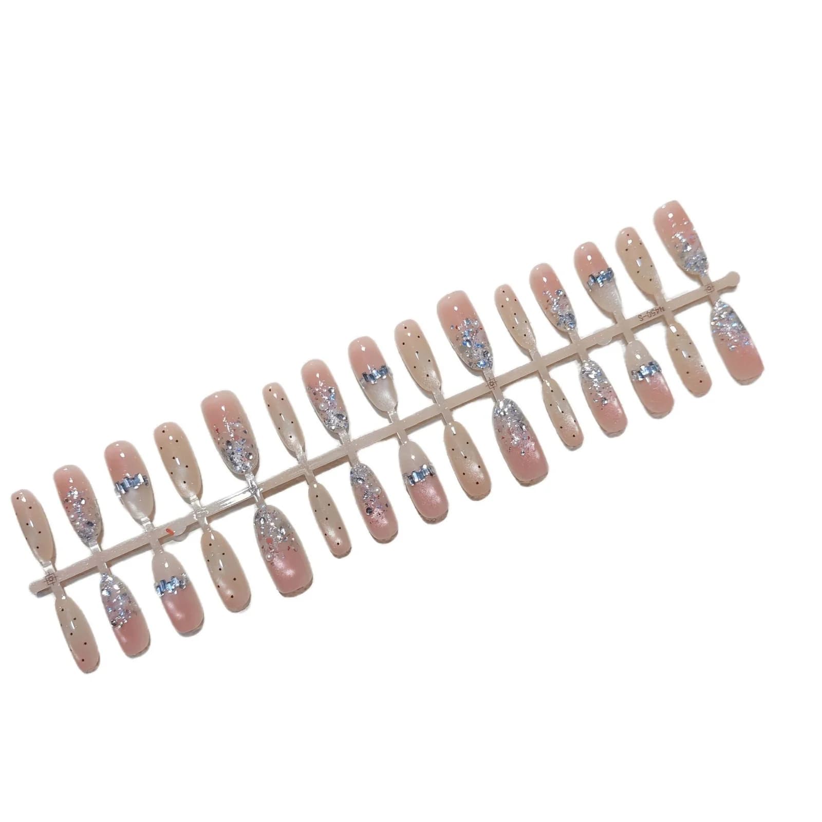 Nude sølv glitter kunstige negle med katteøje-effekt, medium oval form