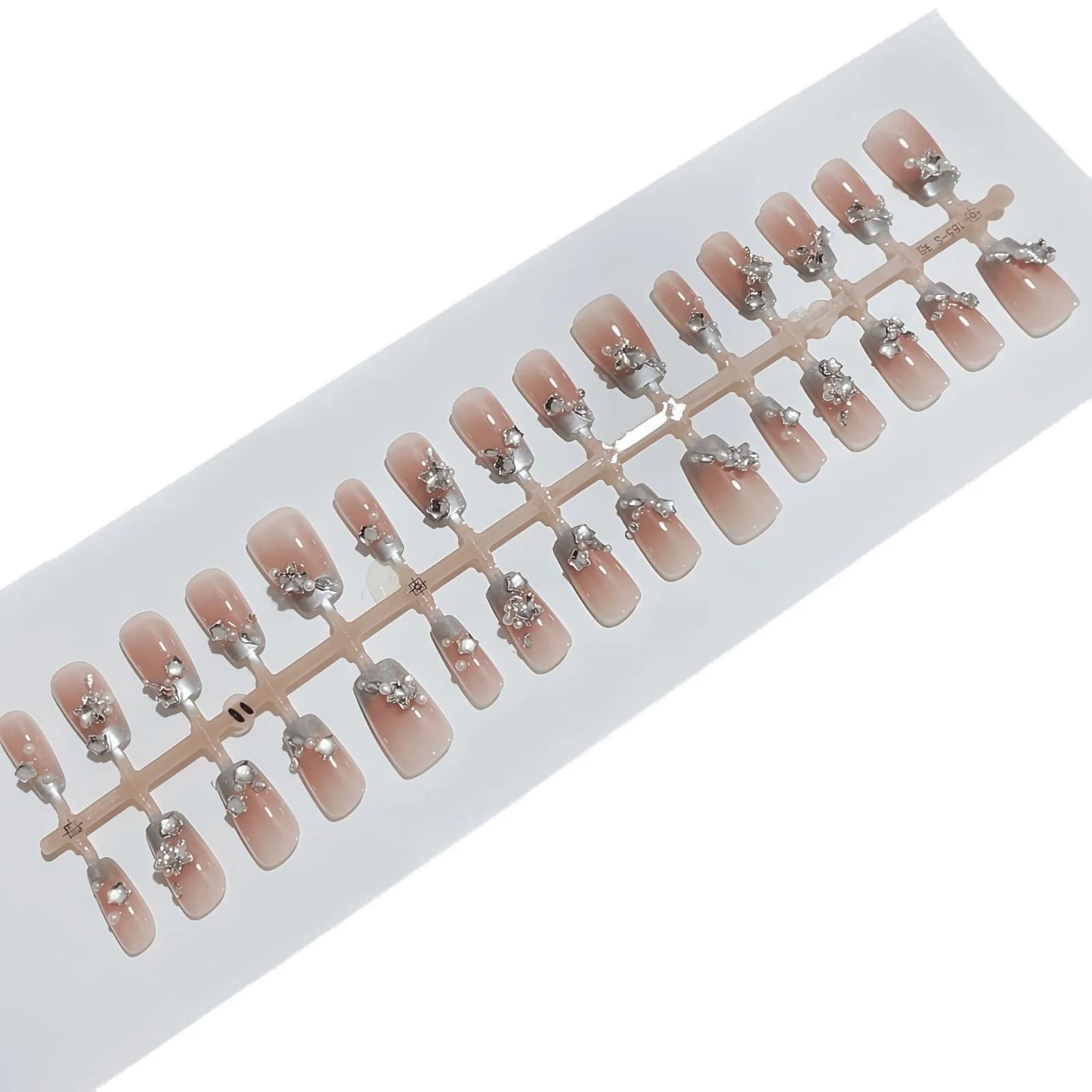 Blå Rose Fransk Tip Press-On Negle med Perler og Rhinsten