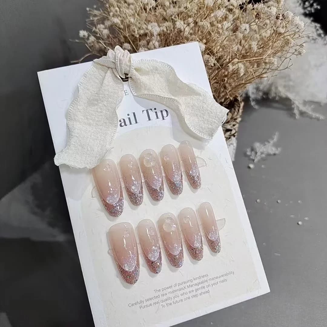 Glitter Halo Press-On Negle Lang Oval Form Genanvendelige