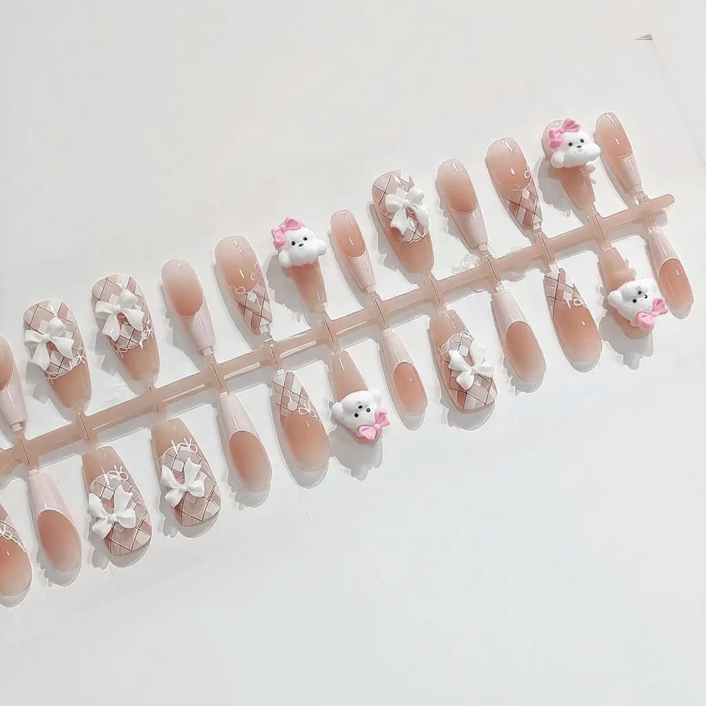 Teddyhund Tryk-på Negle, Sød French Tip Design, 30 Stykker
