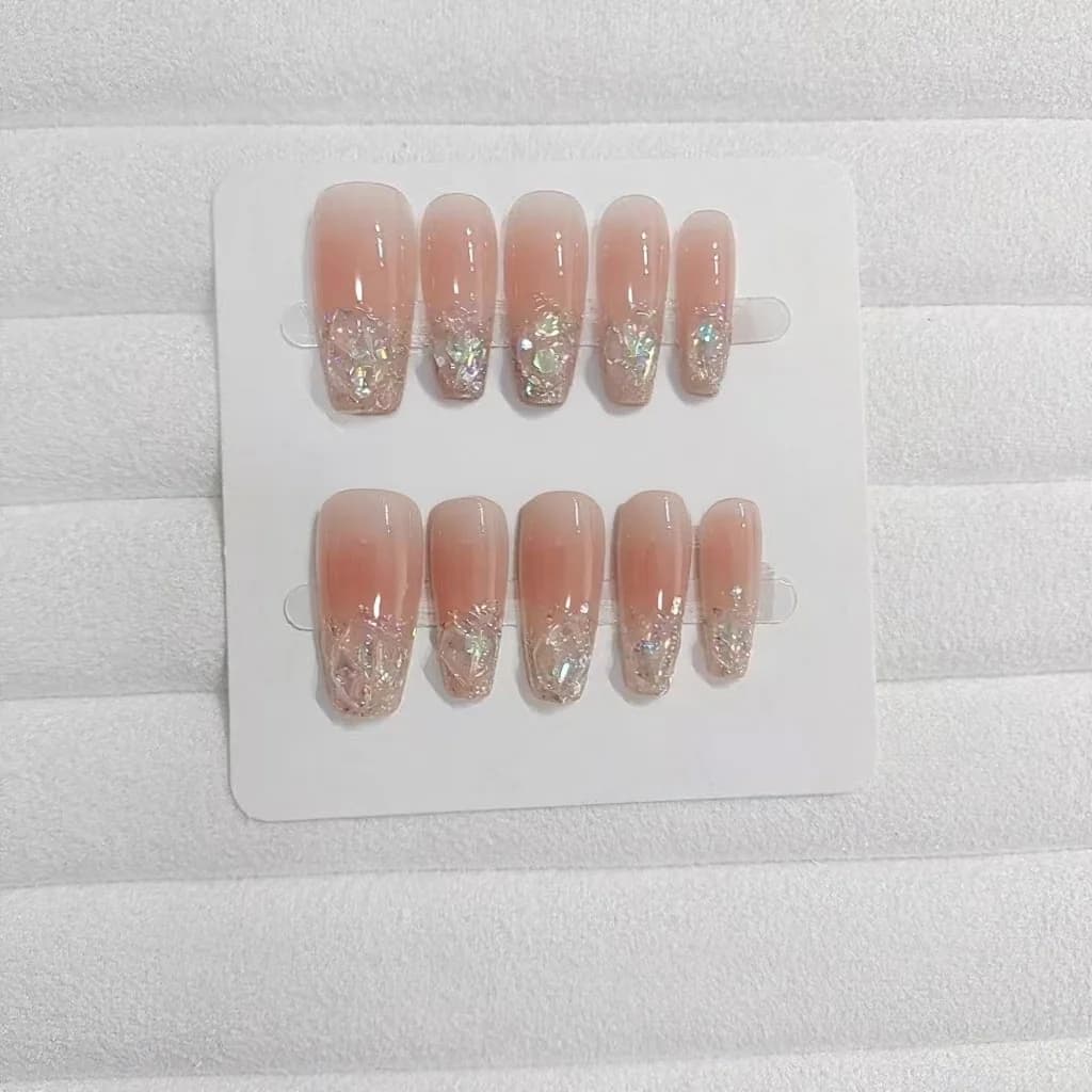 Påsætningsnegle korte mellem kisteform glitter rhinsten blush pink sæt