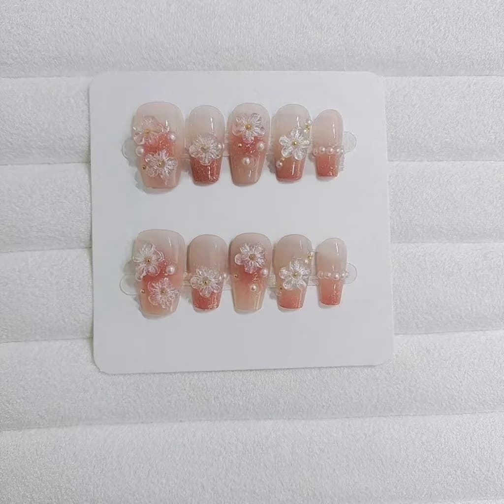 Blomstrede Kunstige Negle Kort Coffin Form Sød Blush Design 10 Stykker