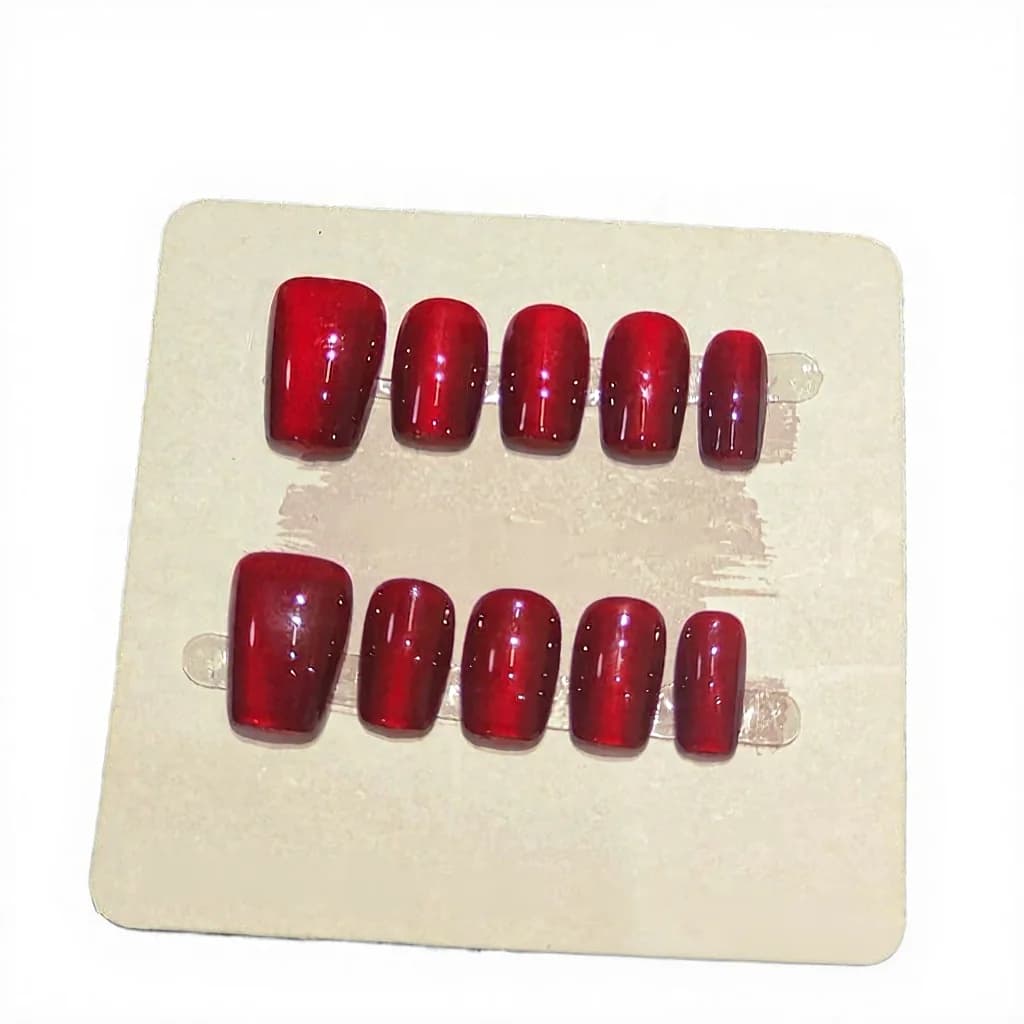 Røde Cat Eye Press-On Negle Kort Firkantet Glitter Manicure Sæt