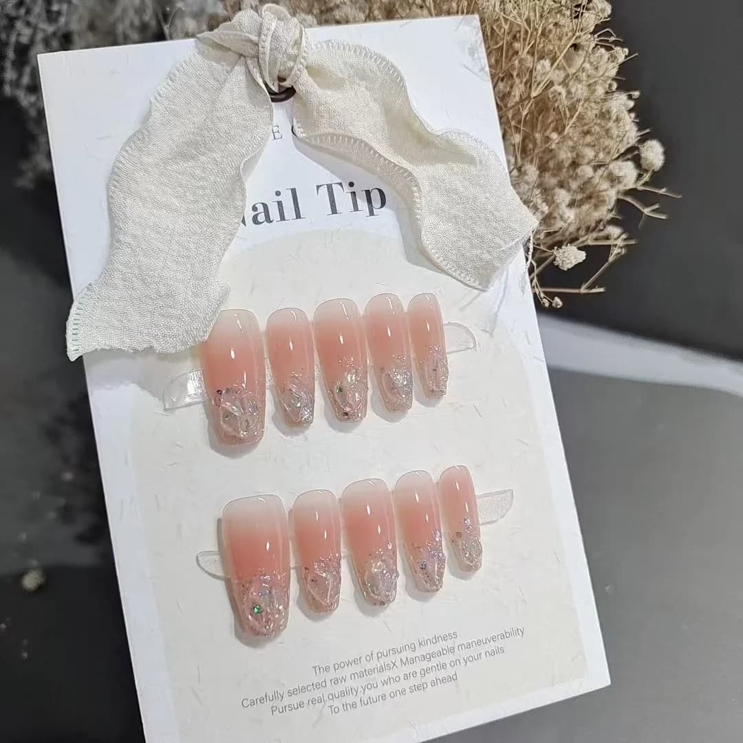 Kunstige Negle Kort Medium Kiste Form Glitter Sten Blush Pink Sæt
