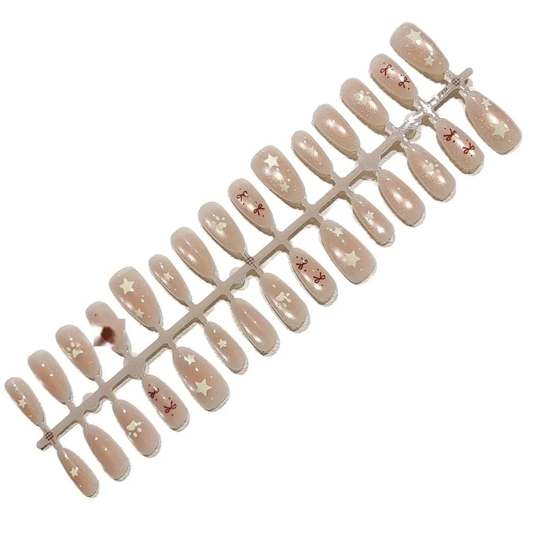 Nude Pink Cat Eye Press-on Negle med Sløjfe og Stjerne Perler