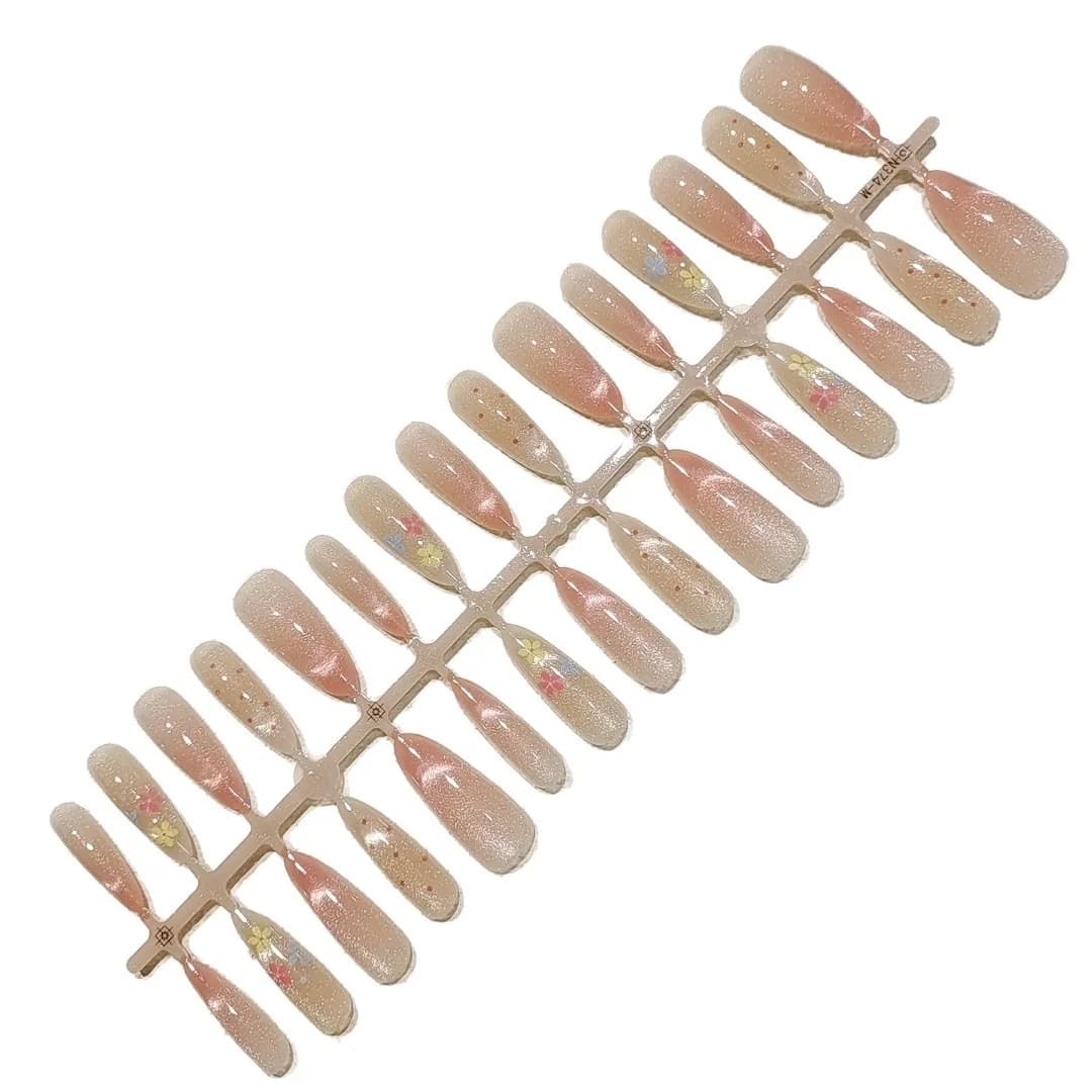 Ferskenfarvede blomster cat eye press-on negle, lang mandelform