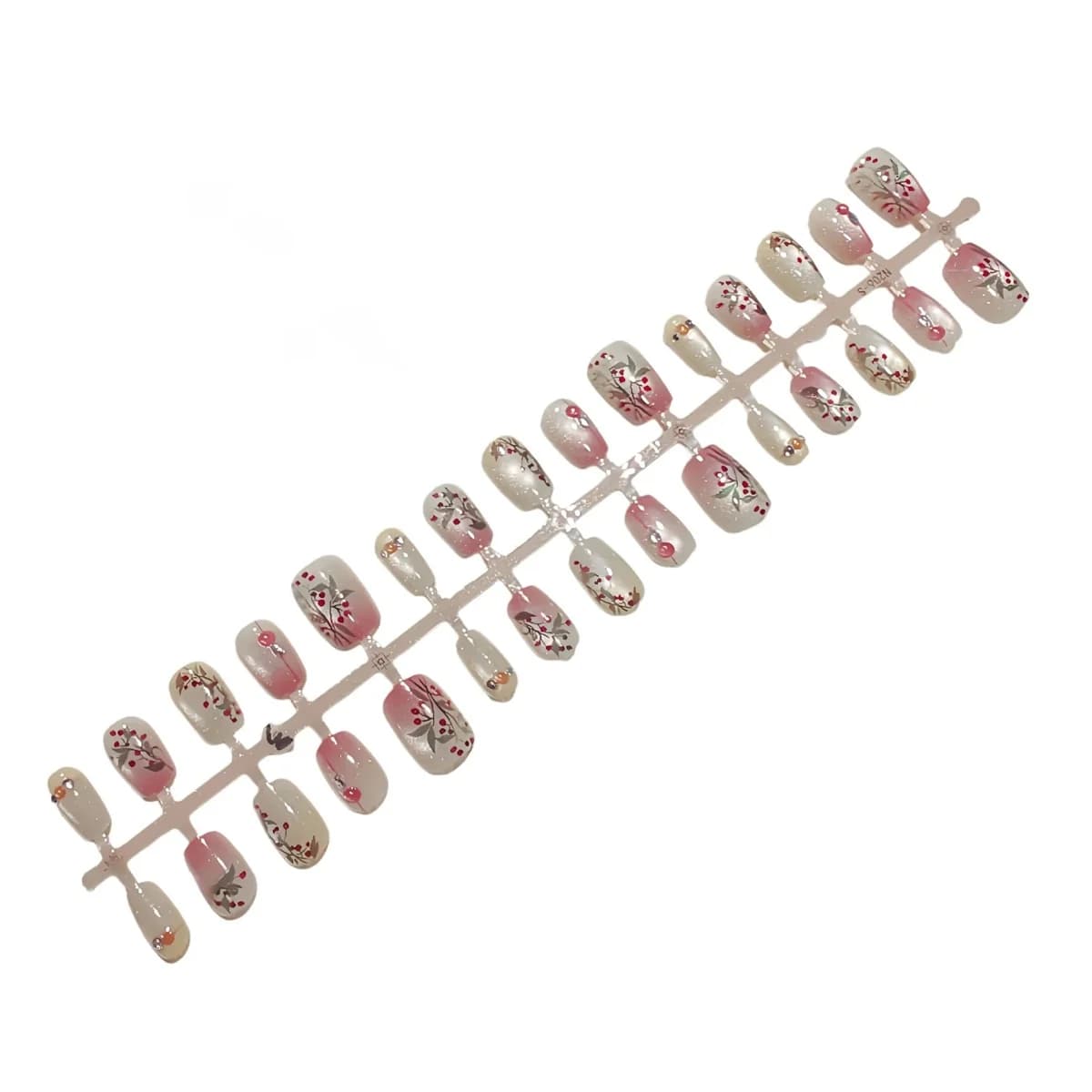 Røde Bønne Cat Eye Press-On Negle med Rhinsten og Blomsterdesign