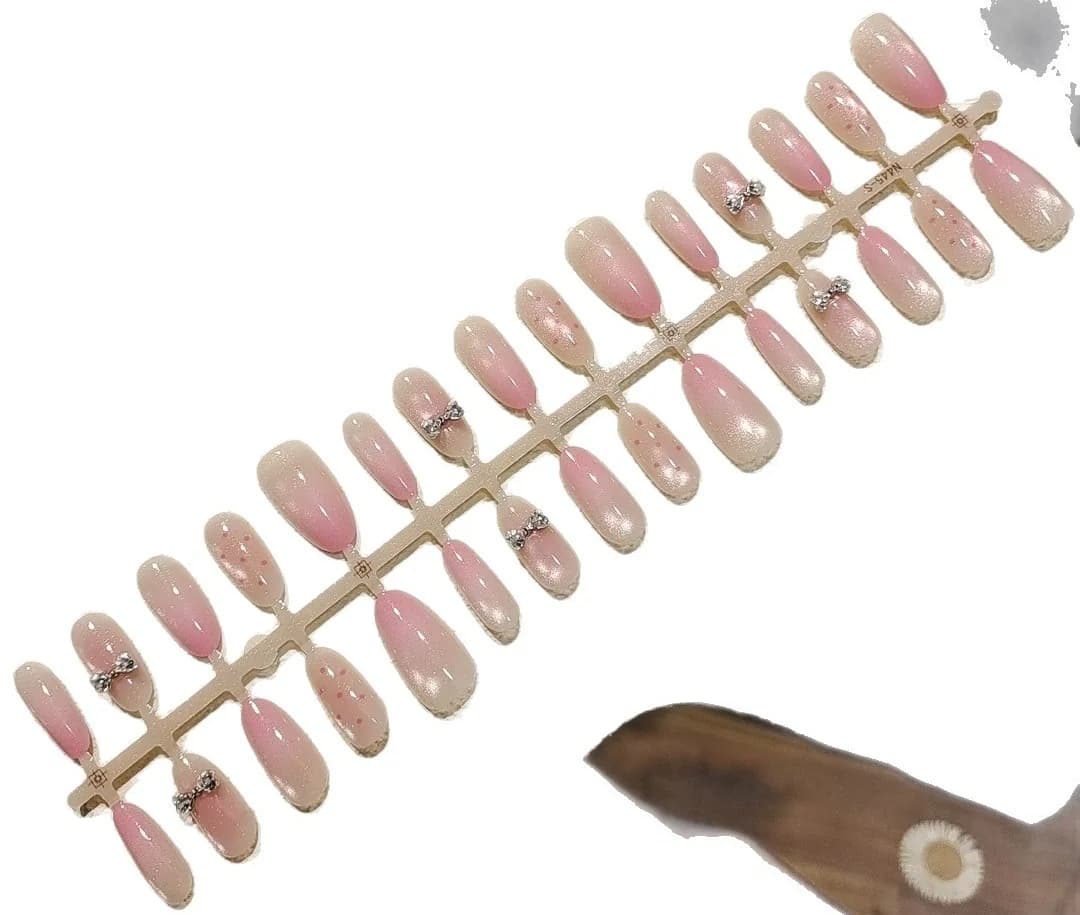 Lyserøde katteøje kunstige negle med sløjfe og glasperler