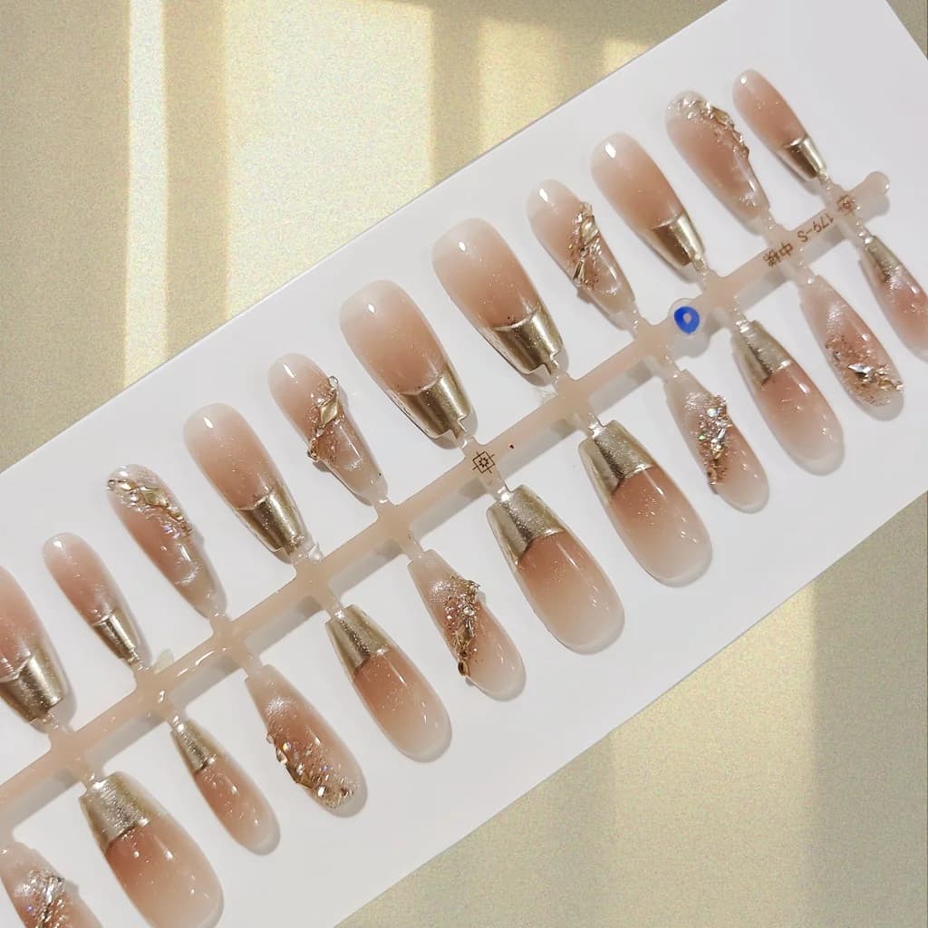 Fransk tip kunstige negle med guldkant og glitter, 30 stk.