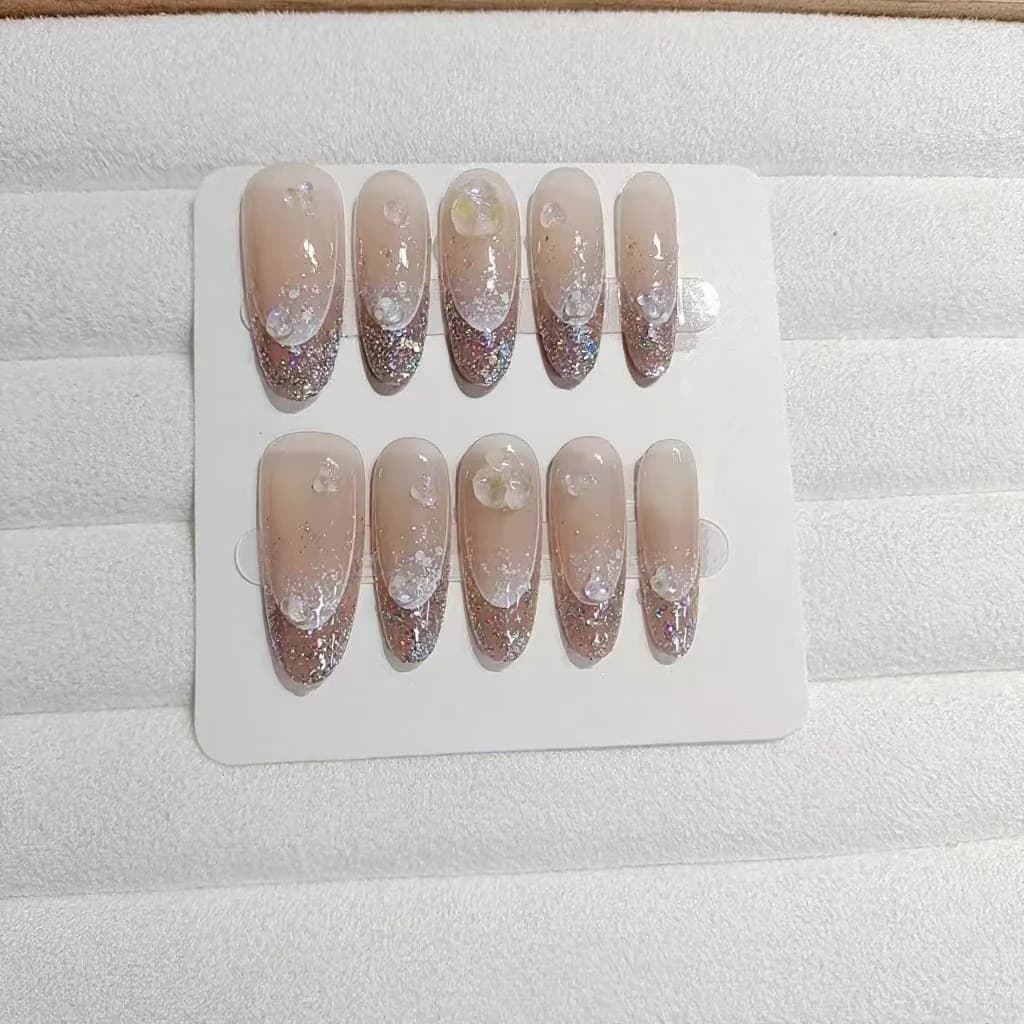 Glitter Halo Press-On Negle Lang Oval Form Genanvendelige