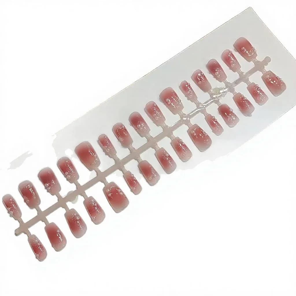 Press-on negle, kort kisteform med blomme-rosa gradient, blomster og sommerfugle (30 stk.)