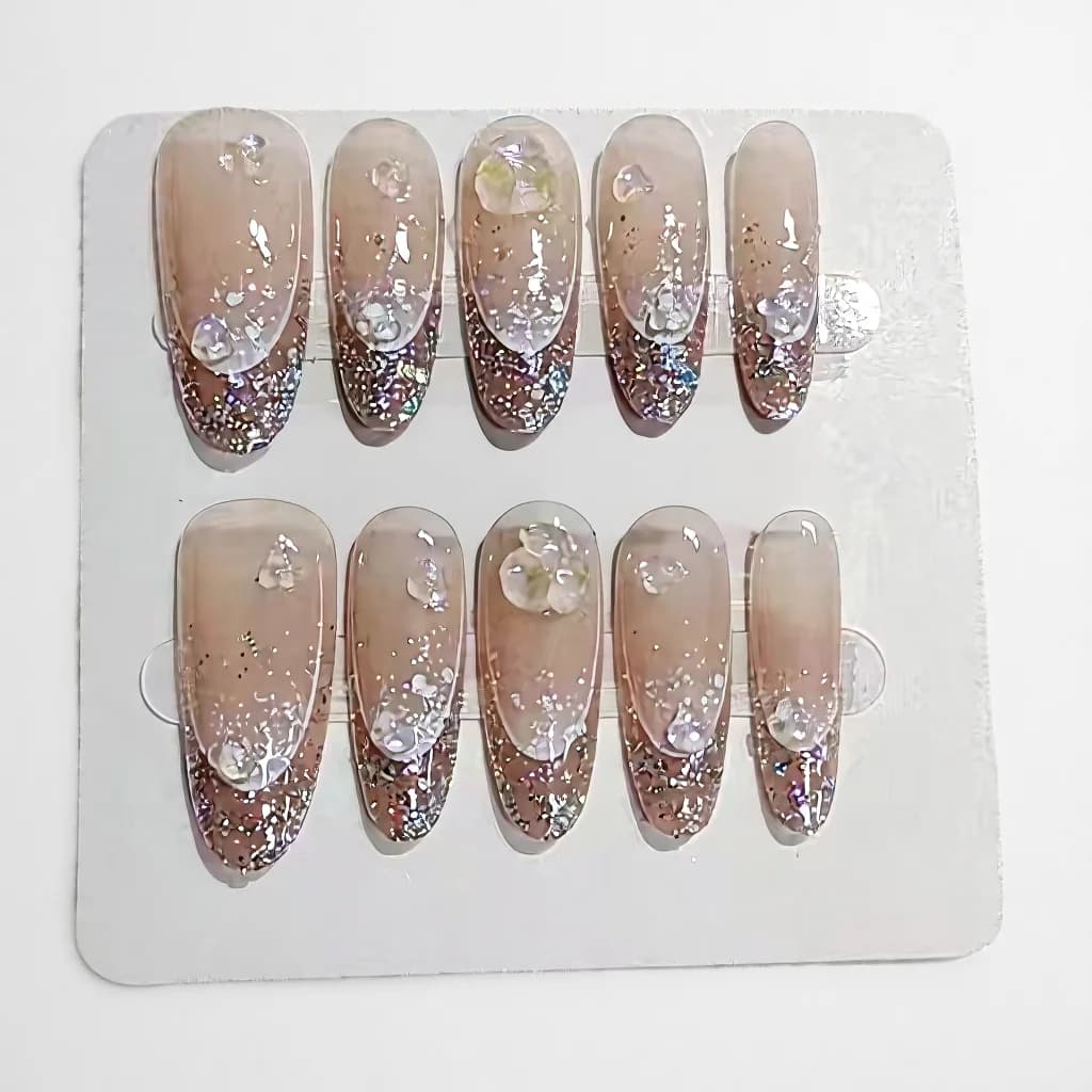 Glitter Halo Press-On Negle Lang Oval Form Genanvendelige