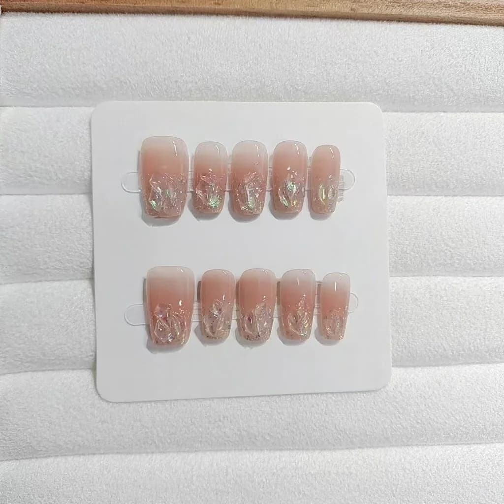 Påsætningsnegle korte mellem kisteform glitter rhinsten blush pink sæt