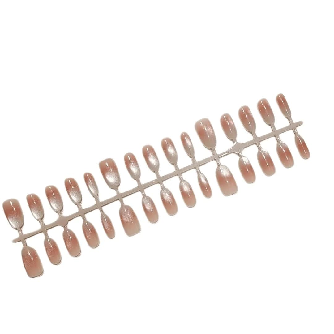 Orange-pink Cat Eye kunstige negle, kort/mellem oval