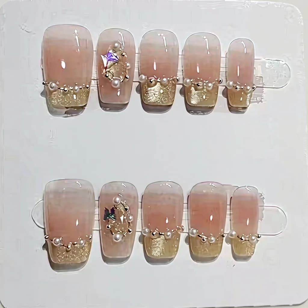 Sommerfugl Fransk Tip Press-On Negle, Blød Lyserød Blush Stil, 10 Stykker