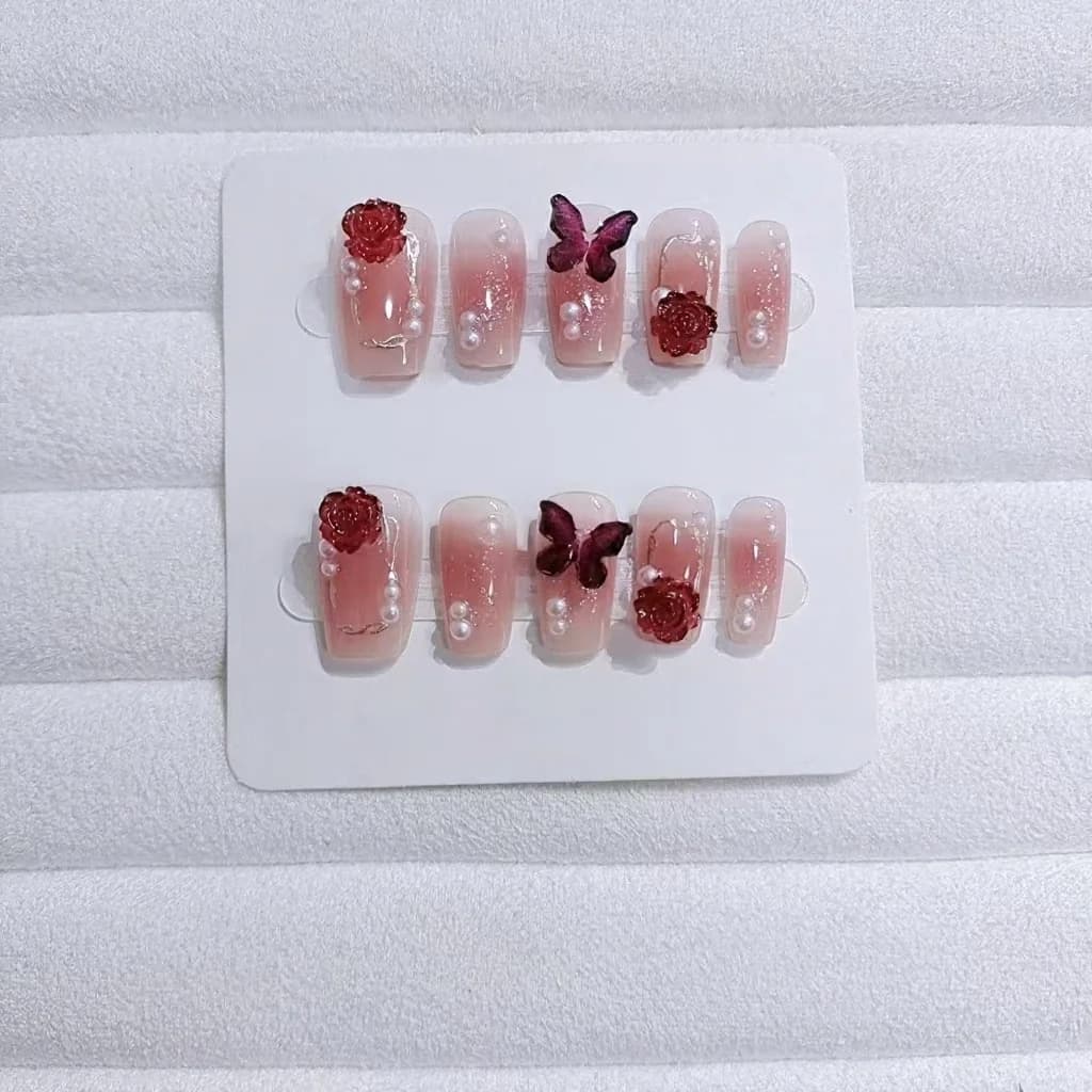 Tryk-på negle kort kiste blomme blush gradient blomsterdesign 10 stk.