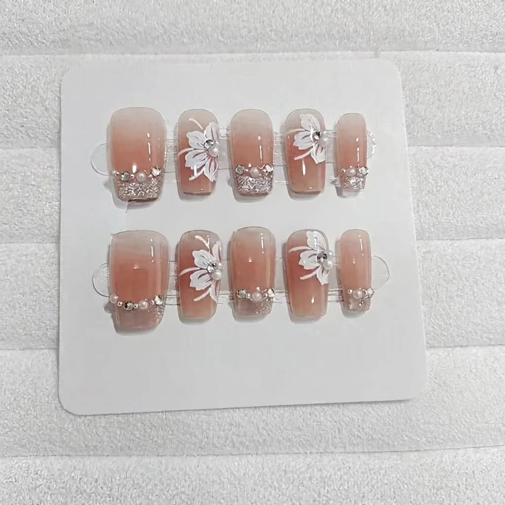 Cat Eye Lilje Tryk-på Negle med Perler og Rhinsten