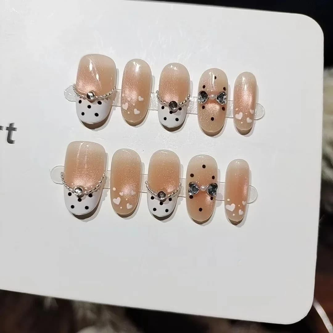 Polkaprikker Perle Katteøje Press-On Negle Kort Oval Glitter