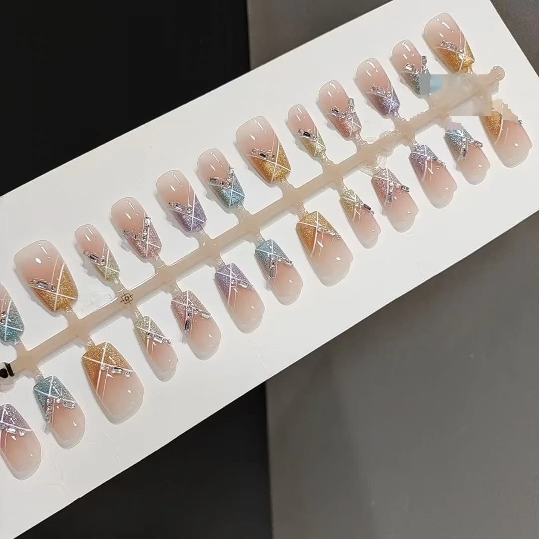 Candy Party press-on negle, kort firkantet med regnbue cat-eye og krystalsten