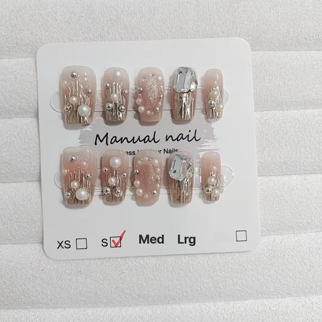 Guld Rhinsten & Perle Press-On Negle, Korte Firkantede Tip med Glitter