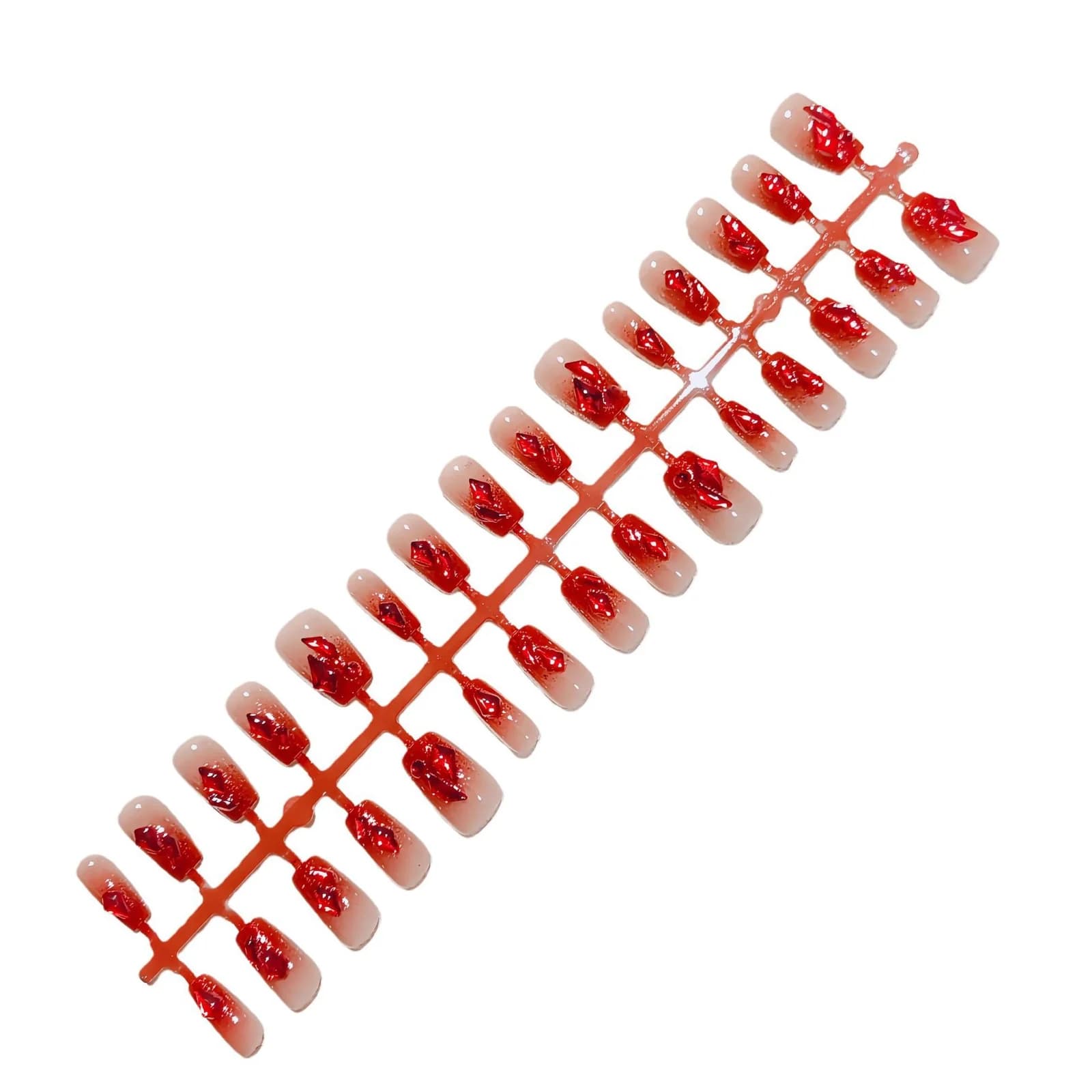Rød gradient glitter trykk-på negle, kort kisteform