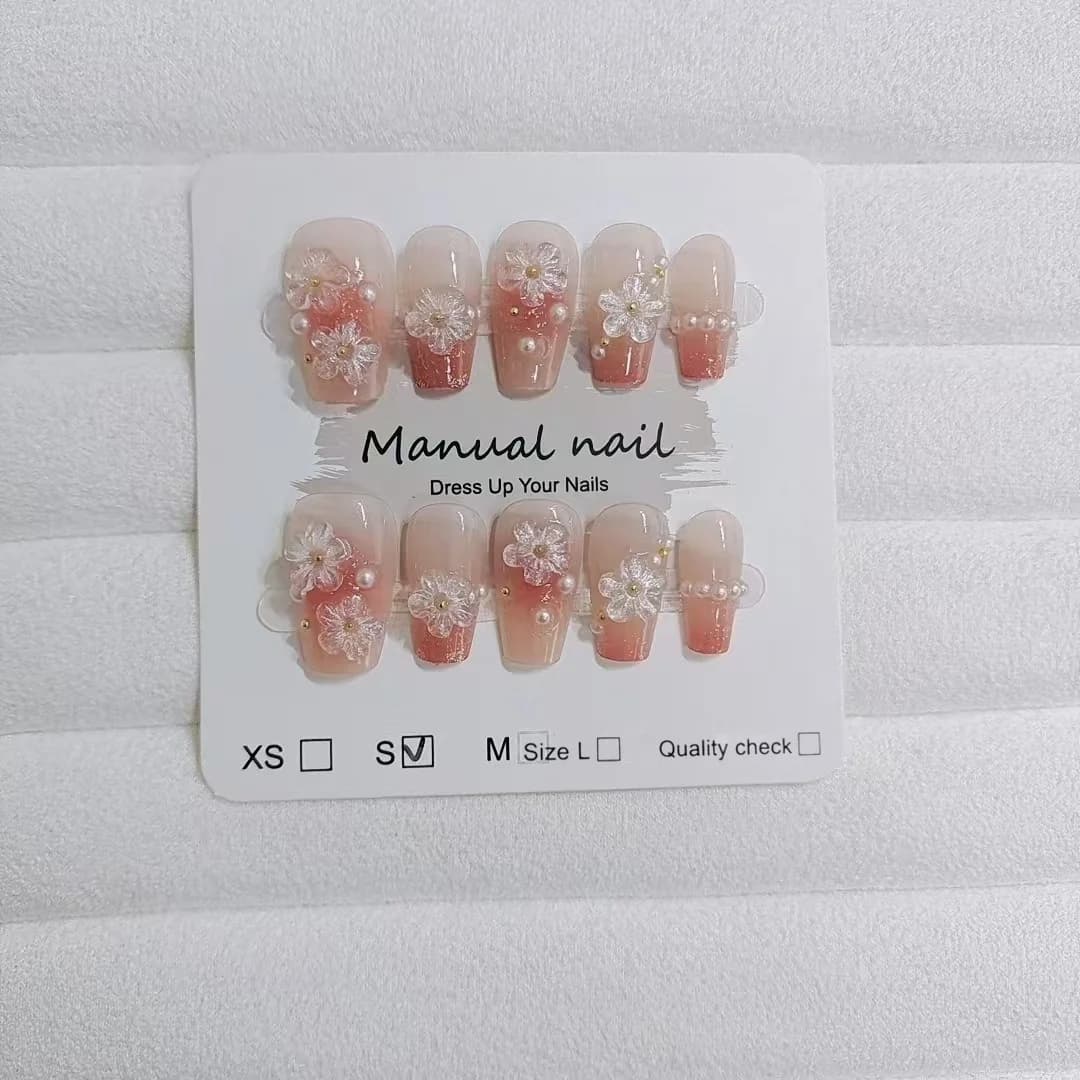 Blomstrede Kunstige Negle Kort Coffin Form Sød Blush Design 10 Stykker