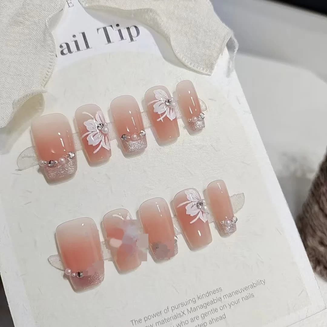 Cat Eye Lilje Tryk-på Negle med Perler og Rhinsten