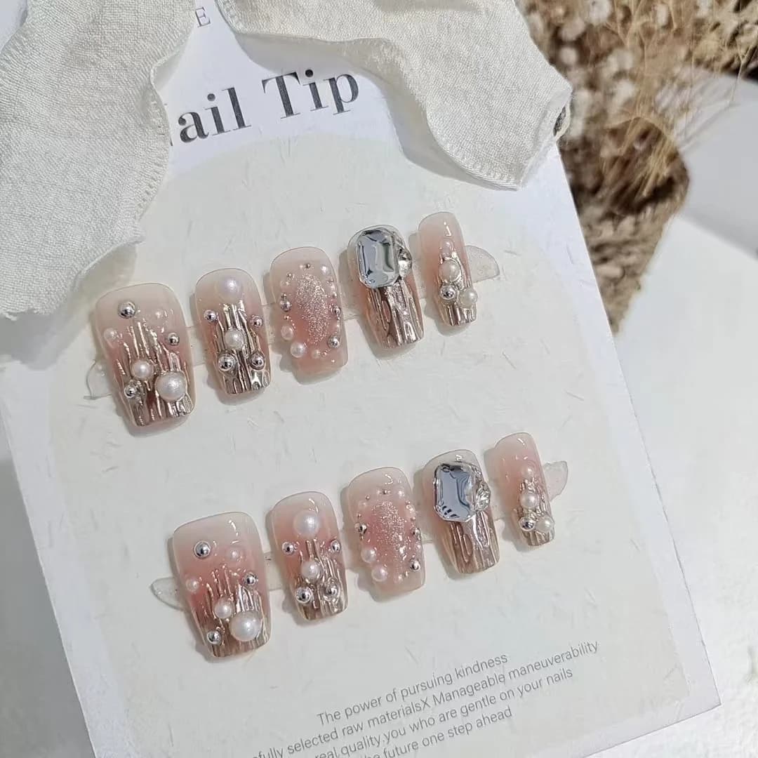 Guld Rhinsten & Perle Press-On Negle, Korte Firkantede Tip med Glitter