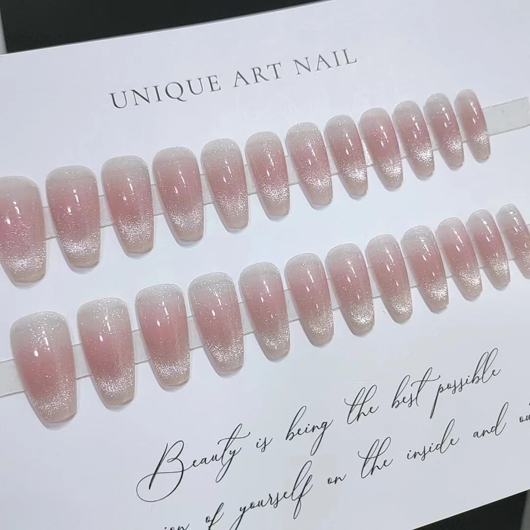 Cat Eye Blush Press-On Negle Lang Coffin Form med Shimmer